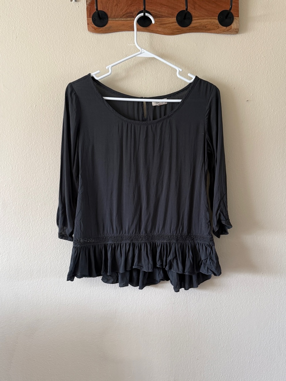 Aerie Charcoal Grey Crochet Trim Sheer Ruffle Hem Round Neck Top Size S
